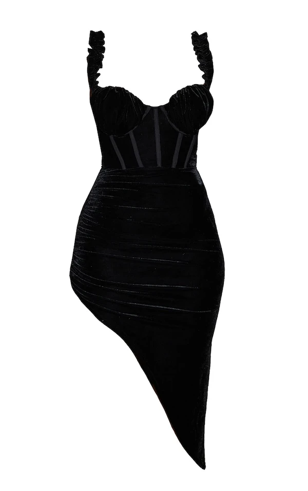 Robe Corset Mi-longue En Velours Froncé Noir à Bretelles 5 Robe Corset Mi-longue En Velours Froncé Noir à Bretelles – Image 5