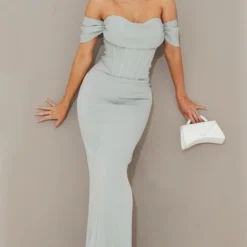 Robe De Soirée Style Corset Vert Sauge à Col Bardot