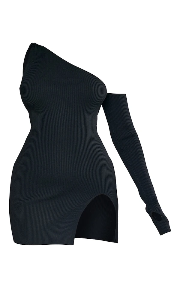Mini Robe En Maille Tricot Côtelée Noire Asymétrique à Fente 5 Mini Robe En Maille Tricot Côtelée Noire Asymétrique à Fente – Image 5