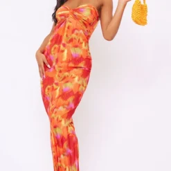 Robe Bustier Longue Plissée Orange Imprimé Abstrait à Torsade