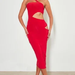 Robe Longue Moulante Rouge à Lanières Et Découpes