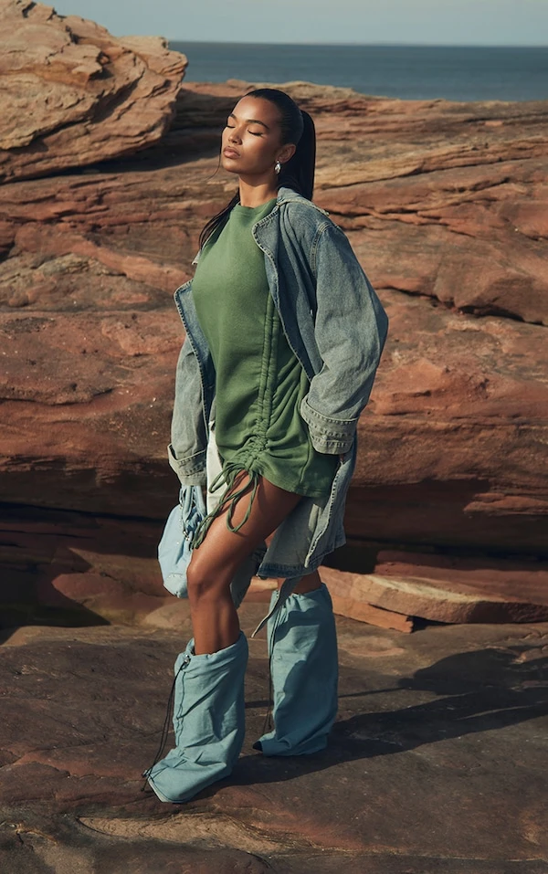 Robe Pull Oversize Bleu-vert En Sweat Froncé Oversize à Col Ras 1 Robe Pull Oversize Bleu-vert En Sweat Froncé Oversize à Col Ras