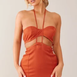 Robe Moulante Rouille Tissée Effet Lin à Bretelles Découpées