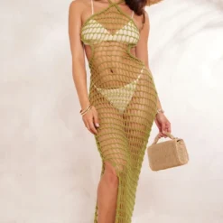 Robe Longue Dos Nu En Maille Crochet Ajourée Vert Olive
