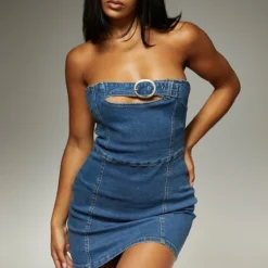 Robe Très Courte En Jean Stretch Délavage Bleu Moyen à Ceinture