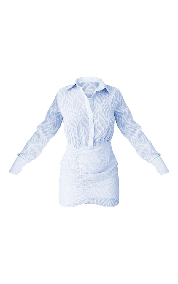 Robe Droite Texturée Transparente Bleu Ciel à Boutons Et Jupe Froncée 5 Robe Droite Texturée Transparente Bleu Ciel à Boutons Et Jupe Froncée – Image 5