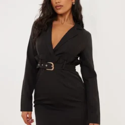 Robe Blazer Noire Ceinturée à Volants à La Taille
