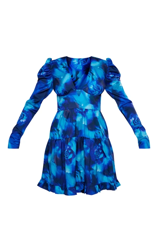 Robe Rétro Bleue Fleurie à Manches Bouffantes Et Ourlet Volanté 5 Robe Rétro Bleue Fleurie à Manches Bouffantes Et Ourlet Volanté – Image 5