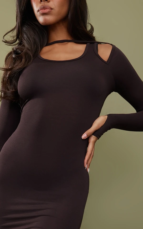 Robe Mi-longue En Jersey Chocolat à Bretelles Et Manches Longues 4 Robe Mi-longue En Jersey Chocolat à Bretelles Et Manches Longues – Image 4