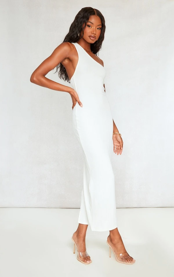 Robe Longue Côtelée Texturée Crème à Bretelles Asymétriques 3 Robe Longue Côtelée Texturée Crème à Bretelles Asymétriques – Image 3