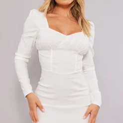 Robe Moulante Stretch Tissée Crème à Buste Froncé