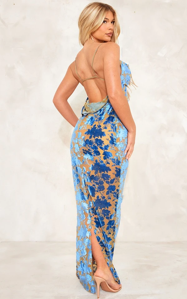 Robe Longue Fleurie Bleue Floquée à Col Bénitier Et Dos Ouvert 2 Robe Longue Fleurie Bleue Floquée à Col Bénitier Et Dos Ouvert – Image 2