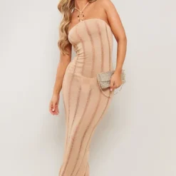 Robe Longue Texturée Ajourée Gris Pierre à Empiècement