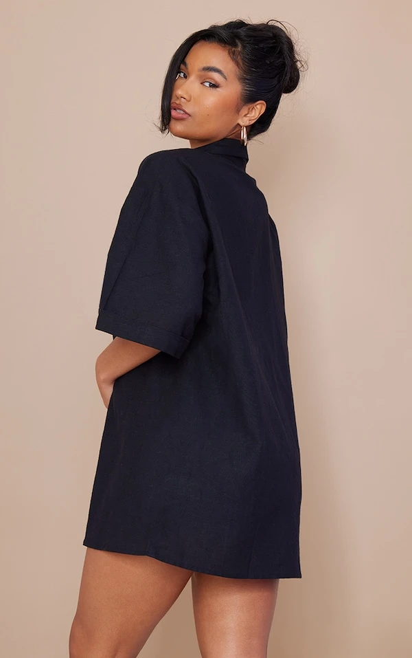 Robe Blazer Noire Effet Lin Oversize à Manches Courtes Et Double Boutonnière 2 Robe Blazer Noire Effet Lin Oversize à Manches Courtes Et Double Boutonnière – Image 2