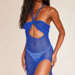 Robe En Maille Crochet Bleu Cobalt Croisée Devant