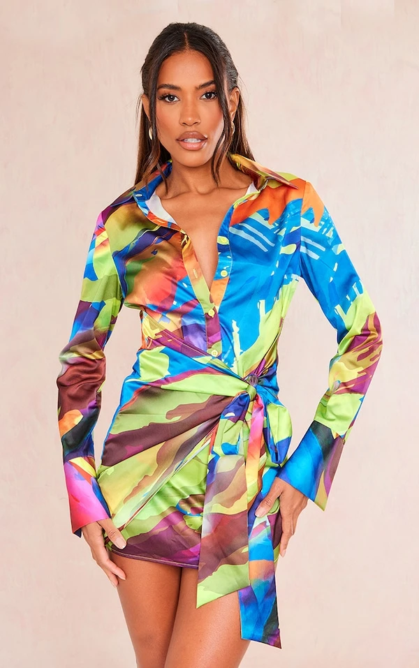 Robe Chemise Satinée Imprimé Abstrait Multicolore à Détail Noué 1 Robe Chemise Satinée Imprimé Abstrait Multicolore à Détail Noué