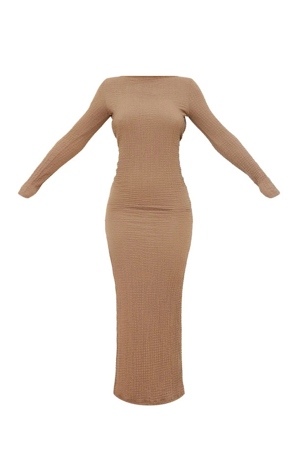 Robe Mi-longue Texturée Taupe à Manches Longues Et Dos Ouvert 5 Robe Mi-longue Texturée Taupe à Manches Longues Et Dos Ouvert – Image 5