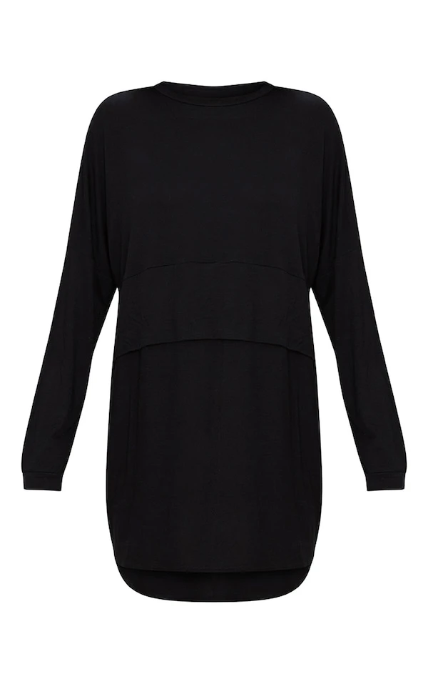 Robe T-shirt Noire En Jersey à Superposition à Manches Longues 2 Robe T-shirt Noire En Jersey à Superposition à Manches Longues – Image 2