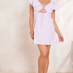 Robe Droite Lilas Fleurie Imprimé Abstrait Nouée à Manches Volantées