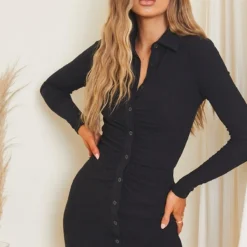 Robe Chemise Côtelée Brossée Noire à Manches Longues Et Fronces