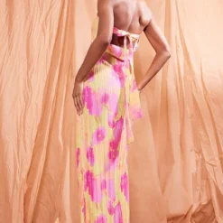 Logic Robe Bustier Longue Plissée Fleurie Multicolore à Dos Bénitier