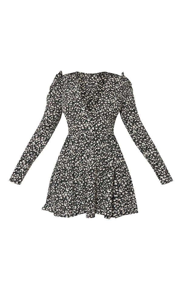 Robe Rétro Noire Fleurie à Manches Bouffantes Et Ourlet Volanté 6 Robe Rétro Noire Fleurie à Manches Bouffantes Et Ourlet Volanté – Image 6