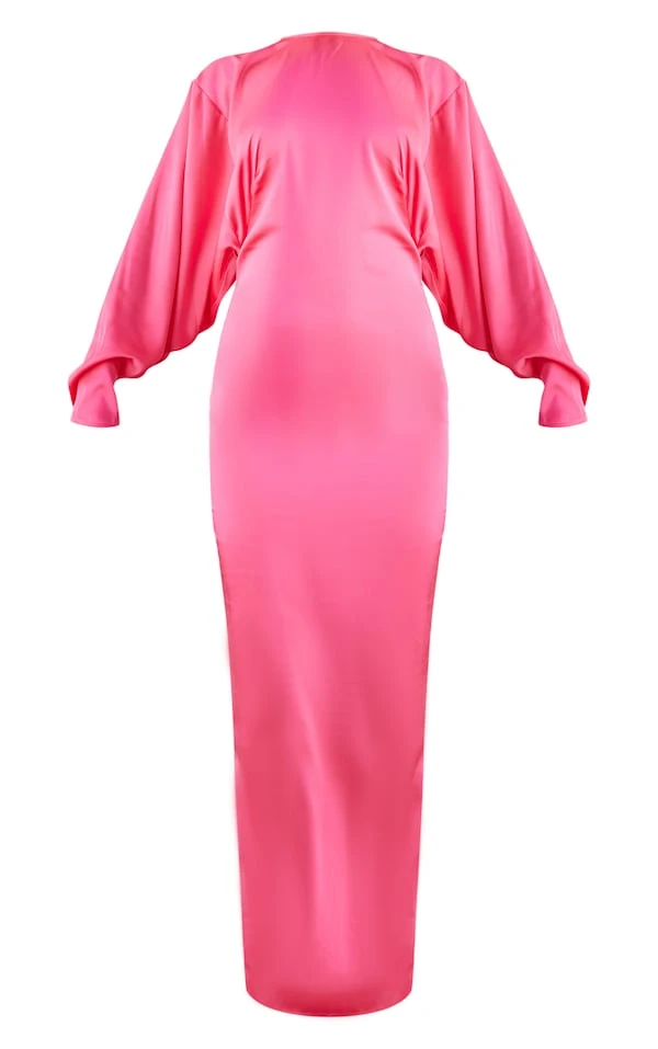 Robe Longue Satinée Rose Vif à Manches Oversize 5 Robe Longue Satinée Rose Vif à Manches Oversize – Image 5