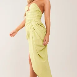 Robe Mi-longue Drapée Froncée Vert Citron à Armatures