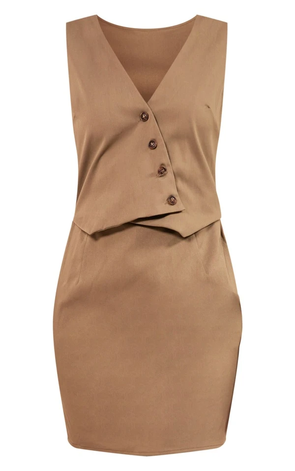 Robe Blazer Sans Manches Kaki à Boutons Superposés 5 Robe Blazer Sans Manches Kaki à Boutons Superposés – Image 5