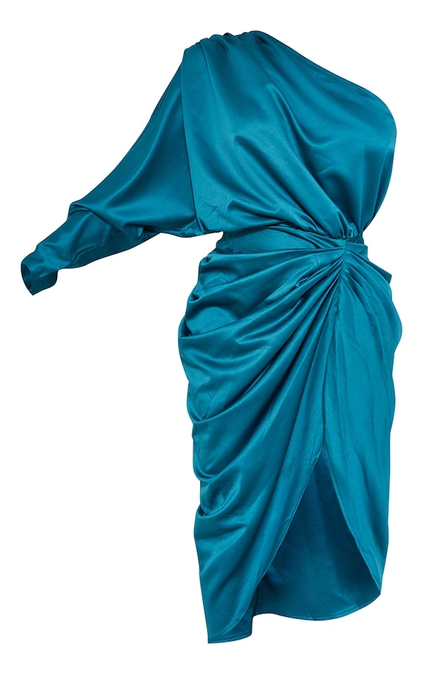 Robe Mi-longue Satinée Drapée Vert émeraude à épaule Unique 5 Robe Mi-longue Satinée Drapée Vert émeraude à épaule Unique – Image 5