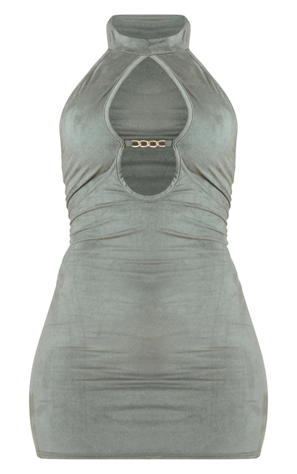 Robe Moulante En Suédine Kaki à Col Montant Et Détail Chaîne 5 Robe Moulante En Suédine Kaki à Col Montant Et Détail Chaîne – Image 5