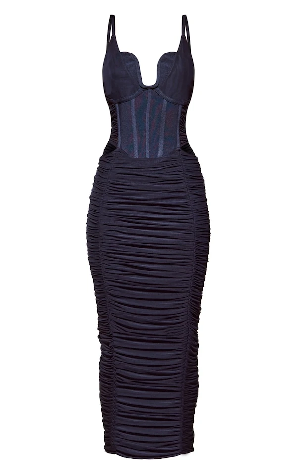 Robe Mi-longue Bandage Froncée Noire à Bretelles Et Corset 5 Robe Mi-longue Bandage Froncée Noire à Bretelles Et Corset – Image 5