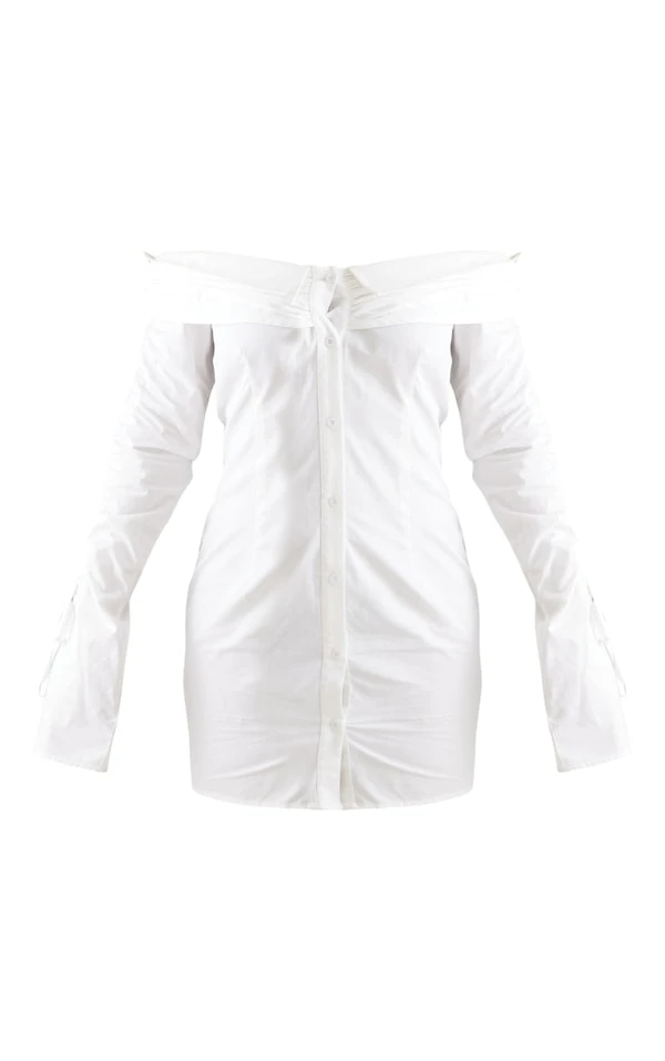 Robe Moulante Boutonnée Blanche En Maille Tissée Froncée à Col Bardot 5 Robe Moulante Boutonnée Blanche En Maille Tissée Froncée à Col Bardot – Image 5