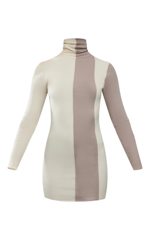 Robe En Maille Tricot Café Au Lait à Rayures Contrastantes Et Manches Longues 5 Robe En Maille Tricot Café Au Lait à Rayures Contrastantes Et Manches Longues – Image 5