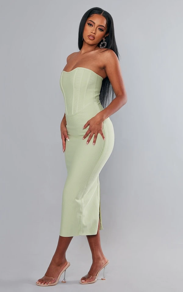 Robe Mi-longue Sauge à Détail Corset Bandage 3 Robe Mi-longue Sauge à Détail Corset Bandage – Image 3