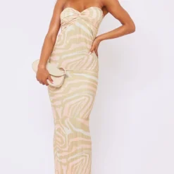Robe Bustier Longue Plissée Beige Imprimé Zèbre à Torsade