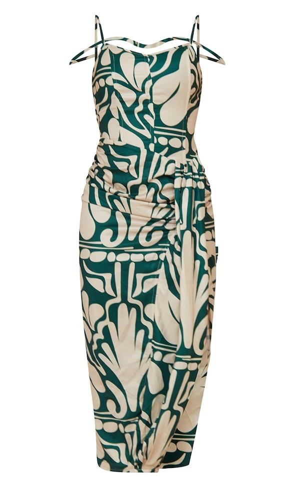 Robe Mi-longue Imprimé Abstrait Vert à Bretelles Fines Et Détail Drapé 5 Robe Mi-longue Imprimé Abstrait Vert à Bretelles Fines Et Détail Drapé – Image 5
