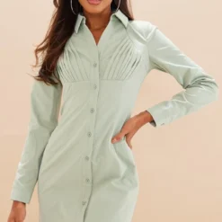 Robe Chemise Vert Sauge à Buste Plissé