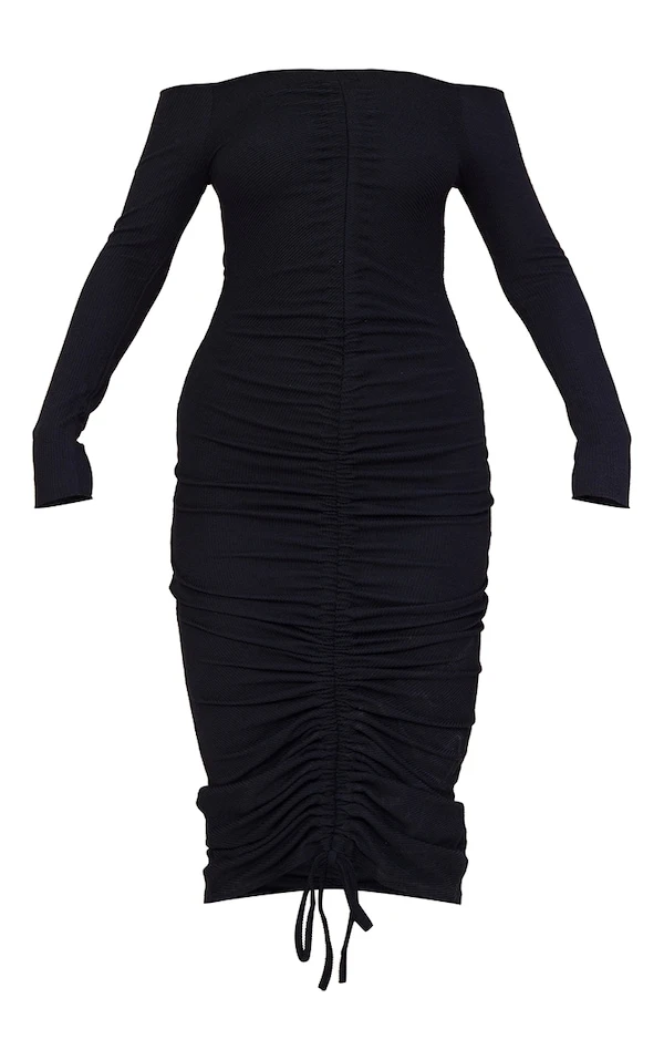 Robe Mi-longue Noire à Col Bardot Et Fronces 5 Robe Mi-longue Noire à Col Bardot Et Fronces – Image 5