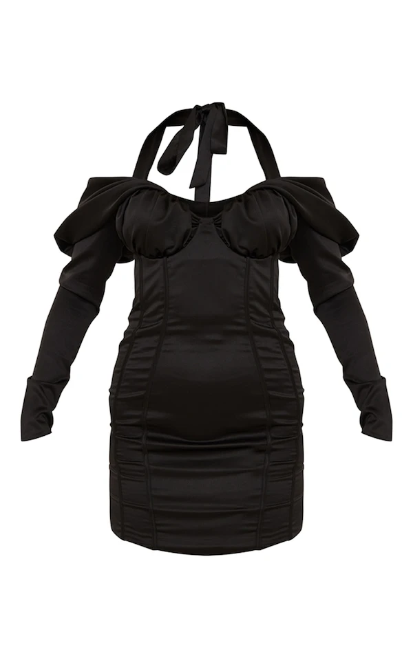 Label PLT Robe Moulante Structurée Noire Satinée Drapée à Col Bardot 4 Label PLT Robe Moulante Structurée Noire Satinée Drapée à Col Bardot – Image 4