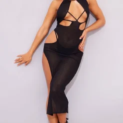Robe Longue En Maille Tricot Transparente Noire Découpée