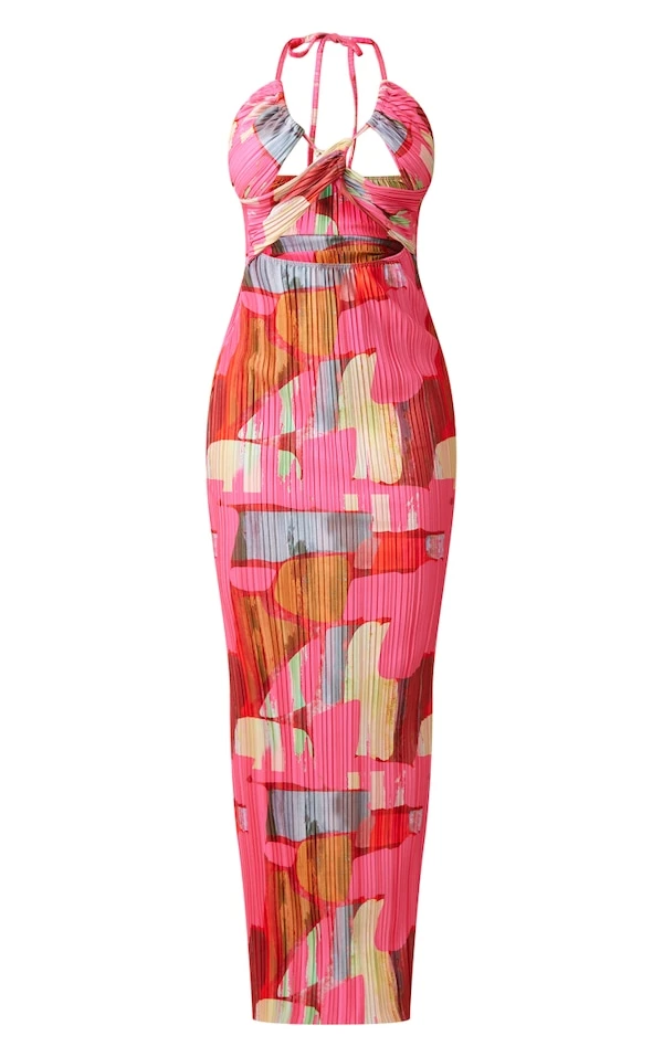 Robe Longue Plissée Découpée Rose Imprimé Abstrait à Dos Nu 5 Robe Longue Plissée Découpée Rose Imprimé Abstrait à Dos Nu – Image 5