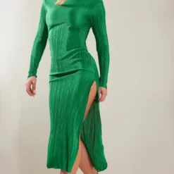 Robe Mi-longue Plissée Verte à Manches Longues Et Fente -Jupe Lumine Soldes Boutique 115e07a2681b19a2810fab47de90d8a7efc021bf cnc3057 3