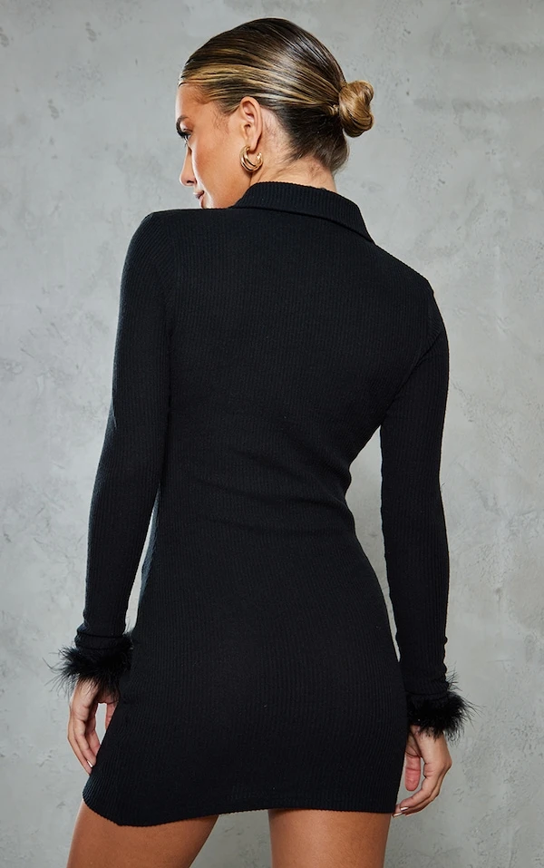 Robe Chemise Noire Froncée Côtelée Et Brossée à Manchettes à Plumes 2 Robe Chemise Noire Froncée Côtelée Et Brossée à Manchettes à Plumes – Image 2