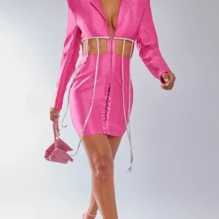 Robe Blazer Drapée Rose à Bordure Strassée Et Découpes