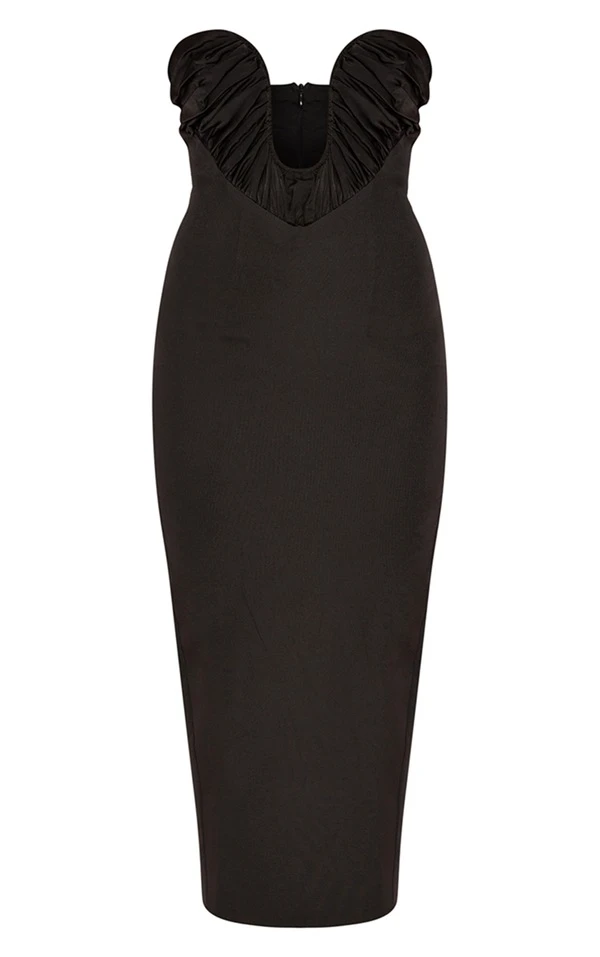 Robe Mi-longue Satinée Noire à Barre En V Plongeante Et Buste Plissé 5 Robe Mi-longue Satinée Noire à Barre En V Plongeante Et Buste Plissé – Image 5