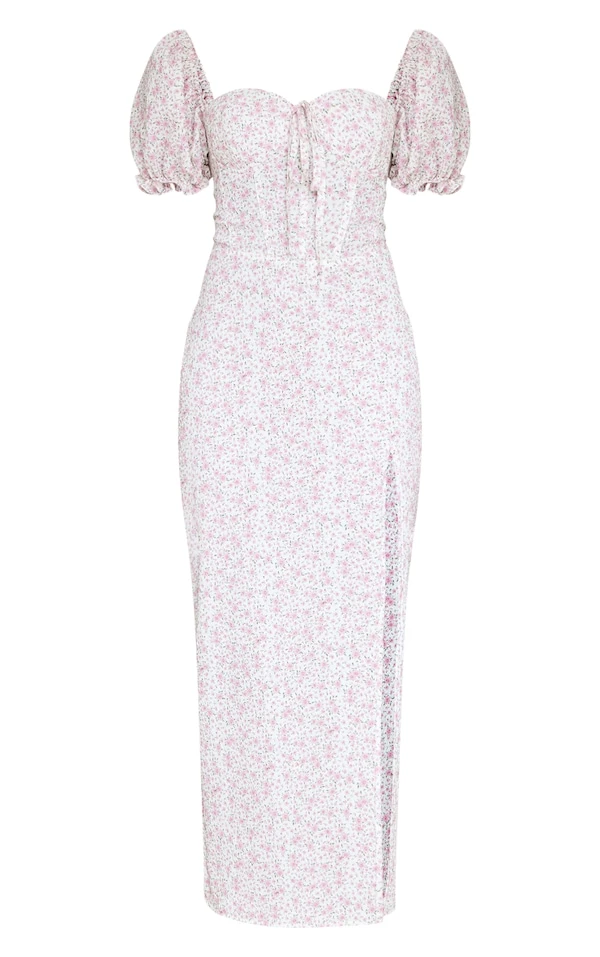 Robe-corset Longue Texturée Fleurie Rose à Manches Bouffantes 5 Robe-corset Longue Texturée Fleurie Rose à Manches Bouffantes – Image 5