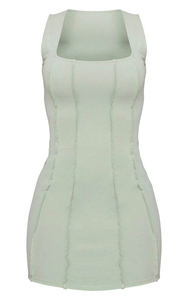 Robe Moulante Vert Sauge à Col Carré Détail Coutures 5 Robe Moulante Vert Sauge à Col Carré Détail Coutures – Image 5