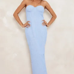 Robe Bustier Mi-longue Effet Lin Bleu Clair Ă Armatures