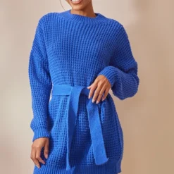 Robe Pull En Maille Tricot Gaufrée Bleu Vif